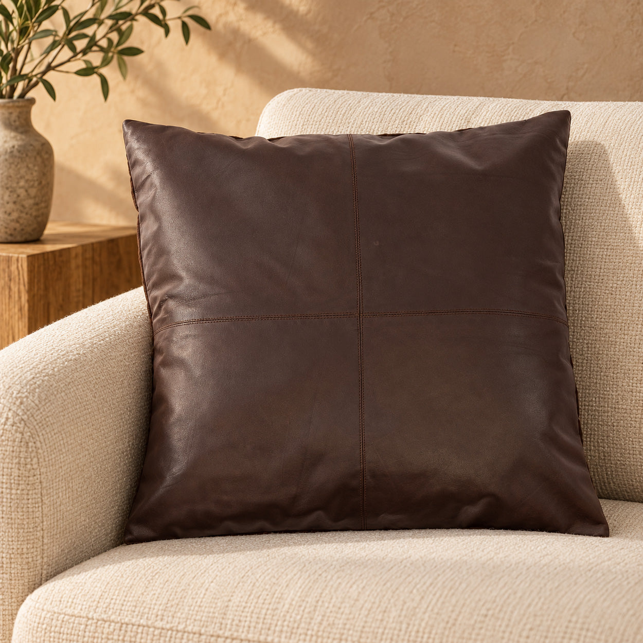Four Panel Leather Kussenhoes Chocolade 60x60